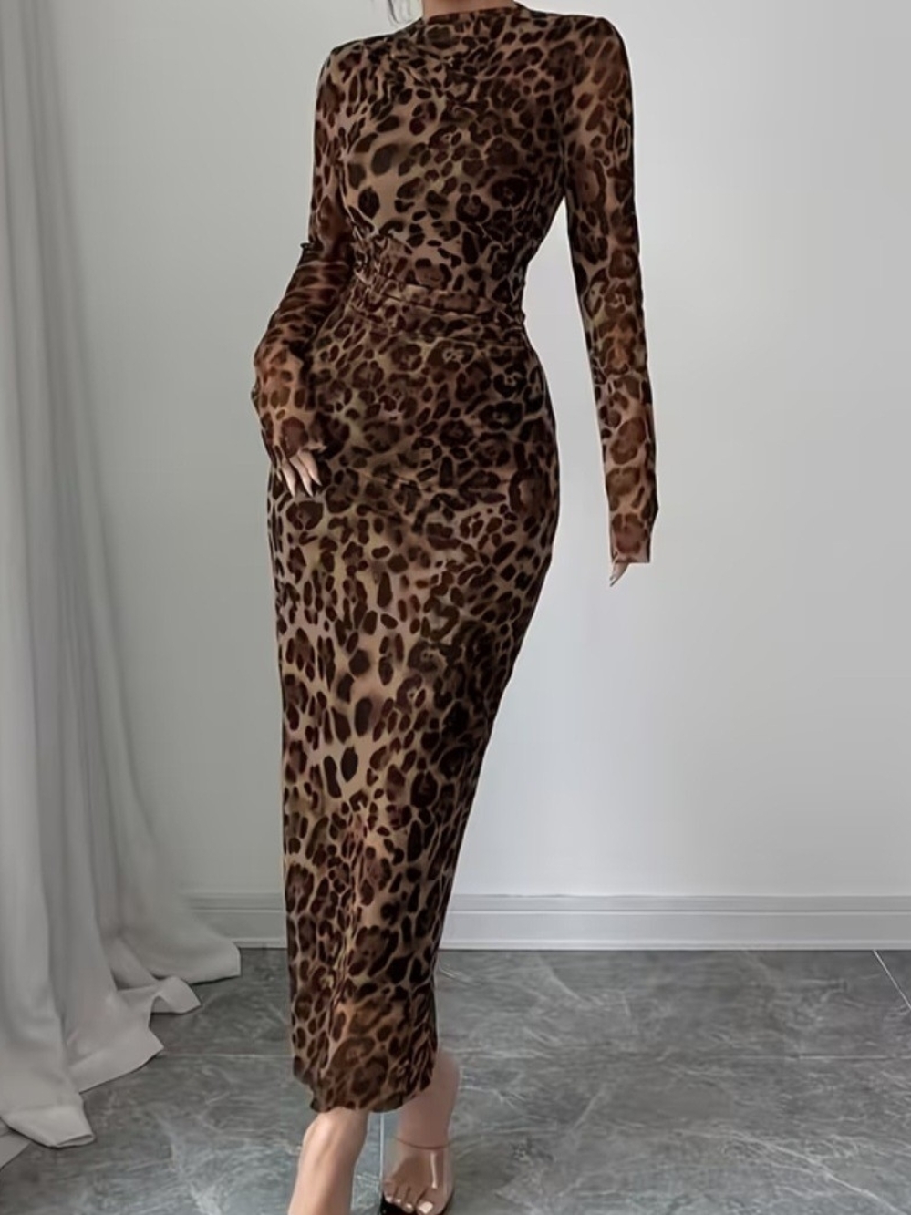 Coffee Leopard Print Long Sleeve Bodycon Dress - Brown
